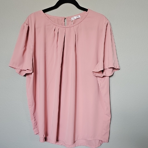 Soteer NWT XXL Chic Pink Short Sleeve Pleated Neck Blouse - Picture 1 of 7